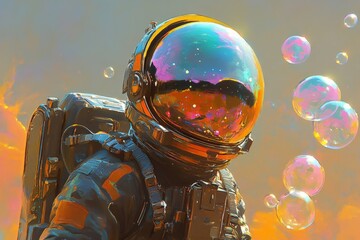 Wall Mural - astronaut explores colorful bubbles in a surreal cosmic landscape during a creative artistic moment