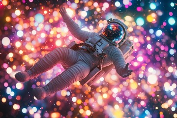 Wall Mural - colorful cosmic journey of an astronaut floating in space surrounded by vibrant stars