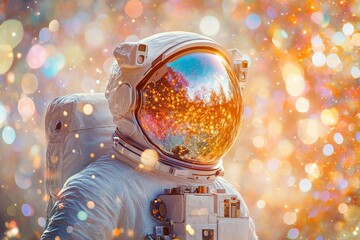 Wall Mural - astronaut in a dazzling environment with a reflective visor and vibrant sparkles