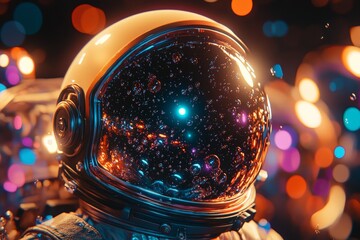 Wall Mural - astronaut helmet reflecting colorful lights and bubbles in a vibrant cosmic atmosphere