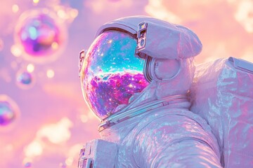 Wall Mural - astronaut explores a colorful cosmic landscape with shimmering bubbles in a surreal space environmen