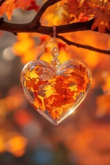 Wall Mural - Heart shaped glass hanging on a tree branch, autumn leaves fill the inside and background. For seasonal use