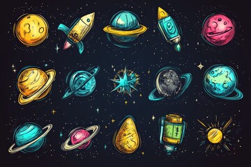 Wall Mural - creative illustration of space elements featuring planets, rockets, and stars in vivid colors and di
