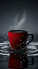 A stylish coffee cup in black and red tones, surrounded by shimmering water ripples and splashes, against a dark grey studio-lit background.