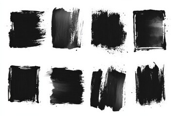 Aufkleber - Black brush strokes in various styles create a textured composition ideal for artistic backgrounds and designs