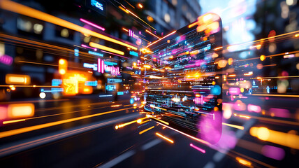 Wall Mural - dynamic digital data stream flowing through urban nightscape