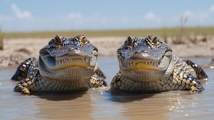 two alligators basking in shallow water under a clear blue sky in a natural habitat