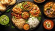 © SnapNest - Indian dishes curry street food concept. A vibrant Indian meal featuring various curries, rice, naan, and chutney, beautifully arranged for an appetizing presentation.