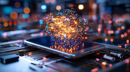 Wall Mural - glowing data orb emerging from sleek tablet on circuit board an abstract technological illustration