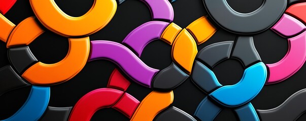 Wall Mural - Abstract geometric pattern with colorful interlocking shapes on a sleek black background