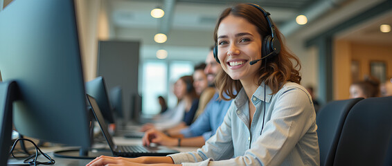 Wall Mural - Smiling happy call center agent wearing headset talking to client, contract service telemarketing operator using laptop having conversation working in customer tech assistance support office