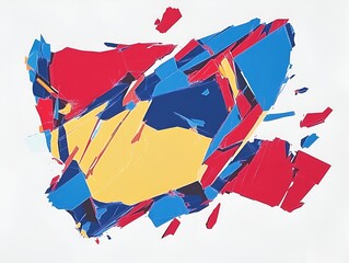 Wall Mural - Bold digital composition with fragmented shapes in vivid red, blue, and yellow tones on white