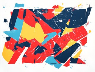 Wall Mural - Bold digital composition with fragmented shapes in vivid red, blue, and yellow tones on white