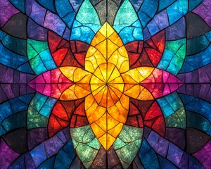 Wall Mural - Colorful mosaic pattern with intricate glowing tiles creating a vibrant symmetrical composition