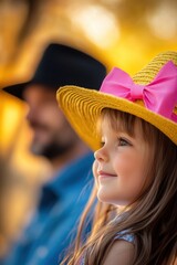 Child enjoying a sunny day outdoors with a straw hat and pink bow, smiles while sitting next to a family member in a peaceful natural setting.