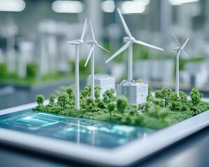 Aufkleber - Miniature wind turbines displayed on a digital tablet, symbolizing corporate responsibility and ESG reporting, with a modern tech design and green energy focus