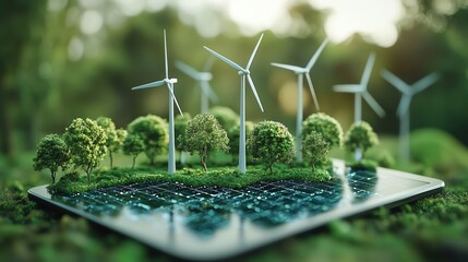 Aufkleber - Miniature wind turbines on a tablet, symbolizing ESG reporting and corporate responsibility with a focus on sustainable business practices and environmental impact