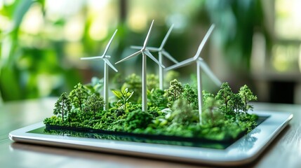 Aufkleber - Miniature wind turbines on a tablet, symbolizing ESG reporting and corporate responsibility with a focus on sustainable business practices and environmental impact