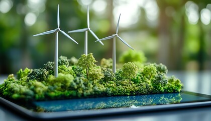 Aufkleber - Miniature wind turbines on a digital tablet, symbolizing the integration of corporate responsibility, ESG reporting, and sustainable energy practices in business