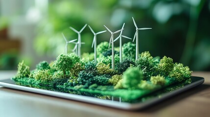 Aufkleber - A digital tablet displaying miniature wind turbines, symbolizing corporate responsibility and ESG reporting, with vibrant green energy themes and ecoconscious design