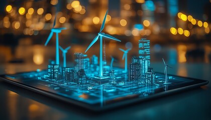 Aufkleber - A digital tablet featuring miniature wind turbines, showcasing corporate responsibility and ESG reporting, with emphasis on renewable energy and sustainability goals