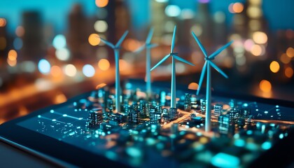 Aufkleber - A digital tablet featuring miniature wind turbines, showcasing corporate responsibility and ESG reporting, with emphasis on renewable energy and sustainability goals