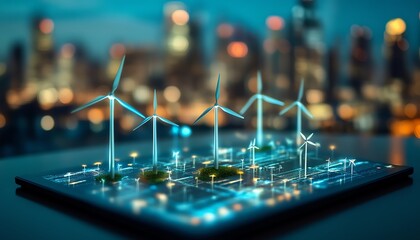 Aufkleber - a digital tablet featuring miniature wind turbines, showcasing corporate responsibility and esg repo