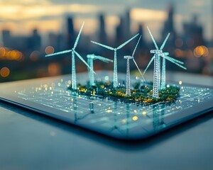 Aufkleber - a digital tablet with miniature wind turbines on its screen, representing corporate responsibility a