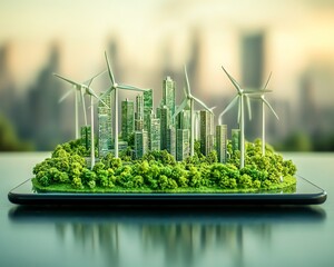 Aufkleber - a digital tablet with miniature wind turbines on its screen, representing corporate responsibility a