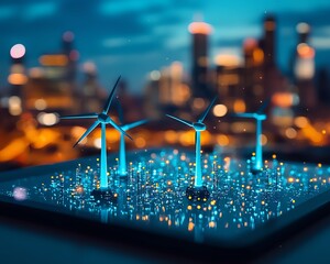 Aufkleber - a digital tablet with miniature wind turbines on its screen, representing corporate responsibility a