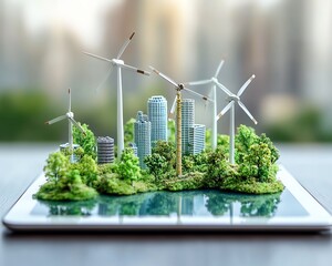Aufkleber - A digital tablet with miniature wind turbines on its screen, representing corporate responsibility and ESG reporting, highlighting green energy and environmental stewardship