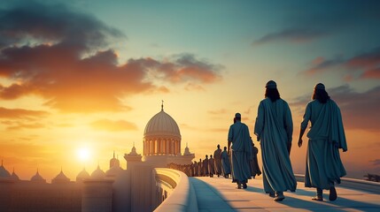 Sticker - A serene sunset scene depicting figures in flowing robes walking towards a grand dome, symbolizing a journey of reflection and enlightenment