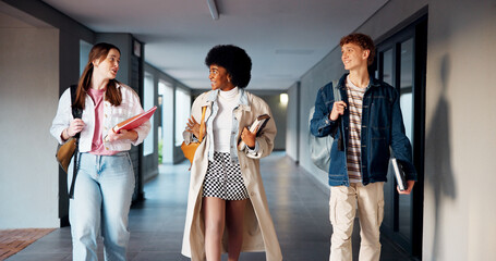 Poster - Students, college and walking with friends in hallway for education, future and research thesis. Diversity, studying and team with people on University campus for knowledge, course and scholarship