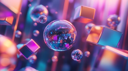 Sticker - Surreal abstract spheres and cubes with vibrant reflections floating in a digital space