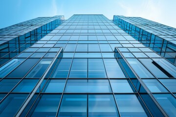 Wall Mural - Low angle view of a modern glass skyscraper reflecting the blue sky on a sunny day