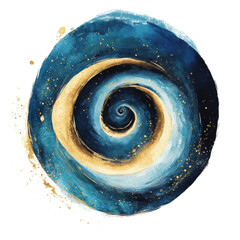 Leinwandbilder - A circular abstract painting features a swirling blue and gold spiral resembling a galaxy or cosmic vortex.