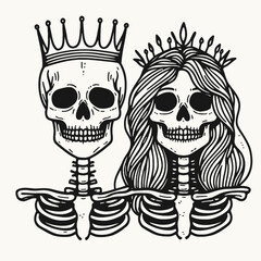 A stylized illustration of two skeletons wearing crowns, one male and one female, with detailed features and flowing hair, symbolizing regal themes.