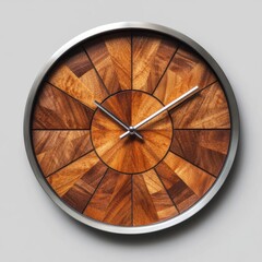 Wall clock with a decorative wood face on a light grey wall. For timekeeping and decoration