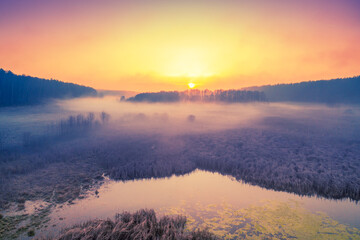 Wall Mural - magic sunrise over the lake. misty early morning, rural landscape, wilderness, mystical feeling. ser