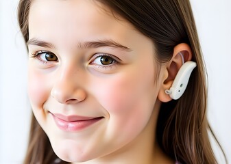 Close up of girl wearing hearing aids on white background