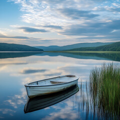 Naklejka na meble Serene Lake Scene: A solitary rowboat peacefully floats on the tranquil waters of a lake, reflecting the serene beauty of the surrounding mountains and cloudy sky.