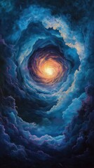 Wall Mural - Cosmic vortex with swirling blue clouds and glowing golden light center