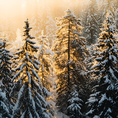 winter forest glow: a captivating landscape showcasing a snow-covered pine forest under a warm, ethe
