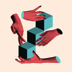 surreal teamwork illustration in cover design style, showing hands positioning blocks into structure