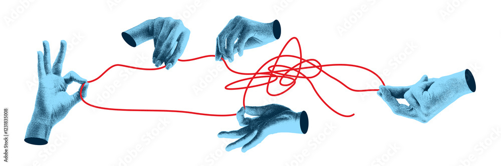 Conceptual cover style design of hands untangling red thread ...