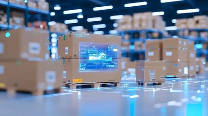 Aufkleber - Futuristic smart warehouse facility with interconnected cybernetic logistics robots holographic AI driven tracking displays neon lit conveyor systems