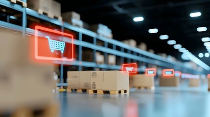 Leinwandbilder - Futuristic high tech smart warehouse filled with interconnected cybernetic logistics robots holographic AI driven tracking displays and neon lit conveyor systems