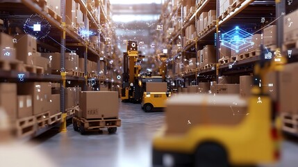Fototapete - Seamless Futuristic Logistics Hub with High Speed Robotic Sorting and Neon Infused Cybernetic Supply Chain Management  Holographic Data Visualization
