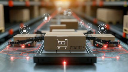 Aufkleber - Futuristic smart retail distribution center with advanced robotic pickers AI enhanced package handling and neon lit holographic interfaces for a fully automated