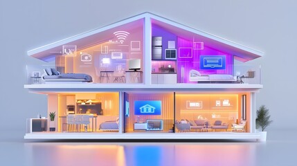 Aufkleber - Transparent cross section view of an advanced smart home showcasing interconnected digital appliances WiFi controlled automation systems and glowing icons representing home security climate control